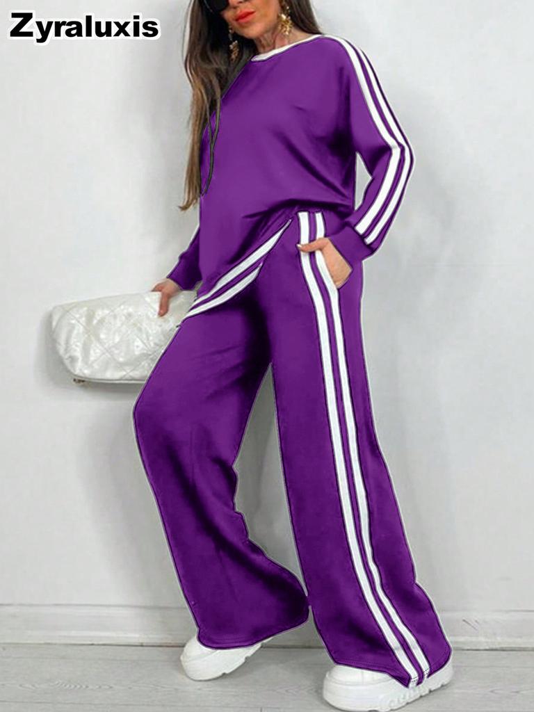 Fall Winter Fashion Casual Striped Long Pants with Long Sleeve New Style Crew Neck Set Women's Clothing