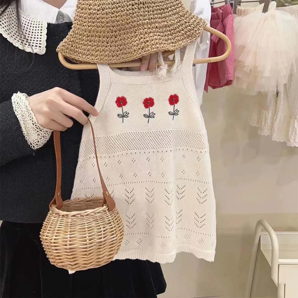 Summer New 2-7Years Girls Round Neck Knitted Flower Embroidered Hollow Out Tank Top Dress Children s Fashion Casual Clothes 2T
