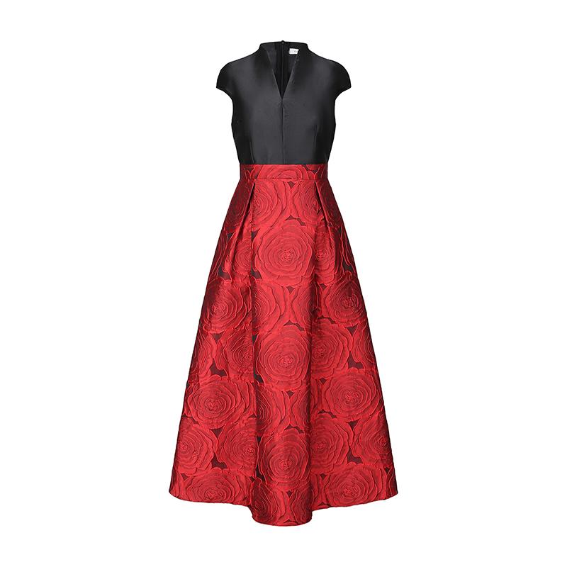 2026 Spring New Arrival Elegant V-neck Red and Black Patchwork Jacquard Wedding Party Dress
