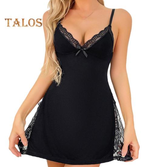 Women Summer Nightdress Spaghetti Strap Backless Deep V Neck Sleeveless Sleepwear Lace Trim Split Hem Nightie Bedroom Honeymoon Wedding Night Slip