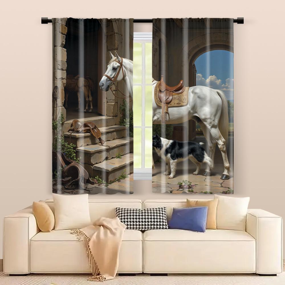 2 Stück, Filtervorhänge (ausgenommen Stangen, unbeweglich, ohne Batterien) Pferd & Hund zur Verwendung in Schlafzimmern und Wohnzimmern