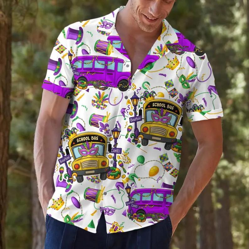 Men's School Bus & Tropical Floral Print Hawaiian Shirt Casual Button Down Short Sleeve Beach Shirts For Summer Holiday