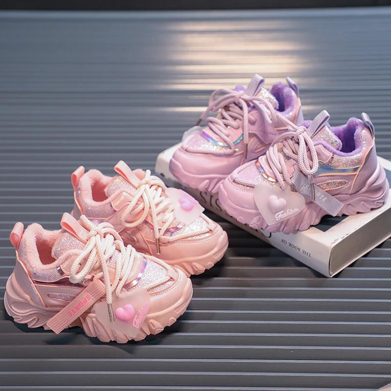PU 2024 Winter New Sport Shoes for Kids Girls Cute Princess Non-slip Light Children Fashion Casual Sneakers Solid Color Shiny