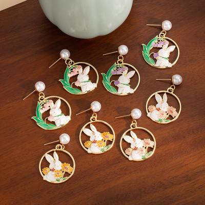 Spring Sweet Daisy Earrings, Cute Rabbit Lily Of The Valley Flower Earrings, Pearl Dripping Oil Flower Stud Earrings