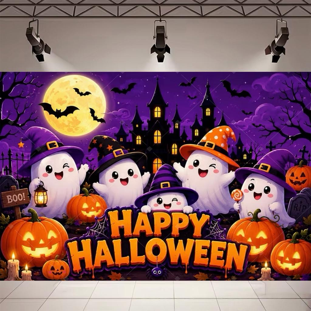 Roztomilý Halloweenský Pozadí Čarodějnice Duch Dýně Strašidelný Dům Měsíc Netopýr Fotografický Pozadí Dětská Halloweenská Párty Nástěnná Dekorace Banner31