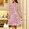 Women Long Sleeve Round Neck Midi Dress Abstract Watercolor Dot Floral Print Flared Casual Dress