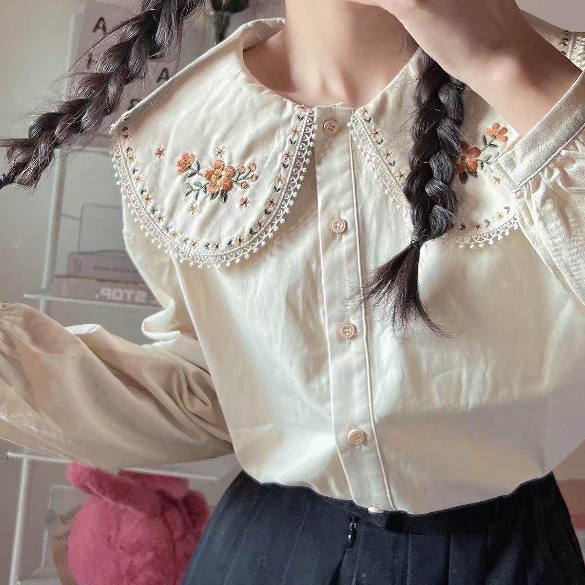 

Women Clothing Cute Blouses Embroidery Floral Peter Pan Collar Shirts Loose Long Sleeve Cotton XS бежевий