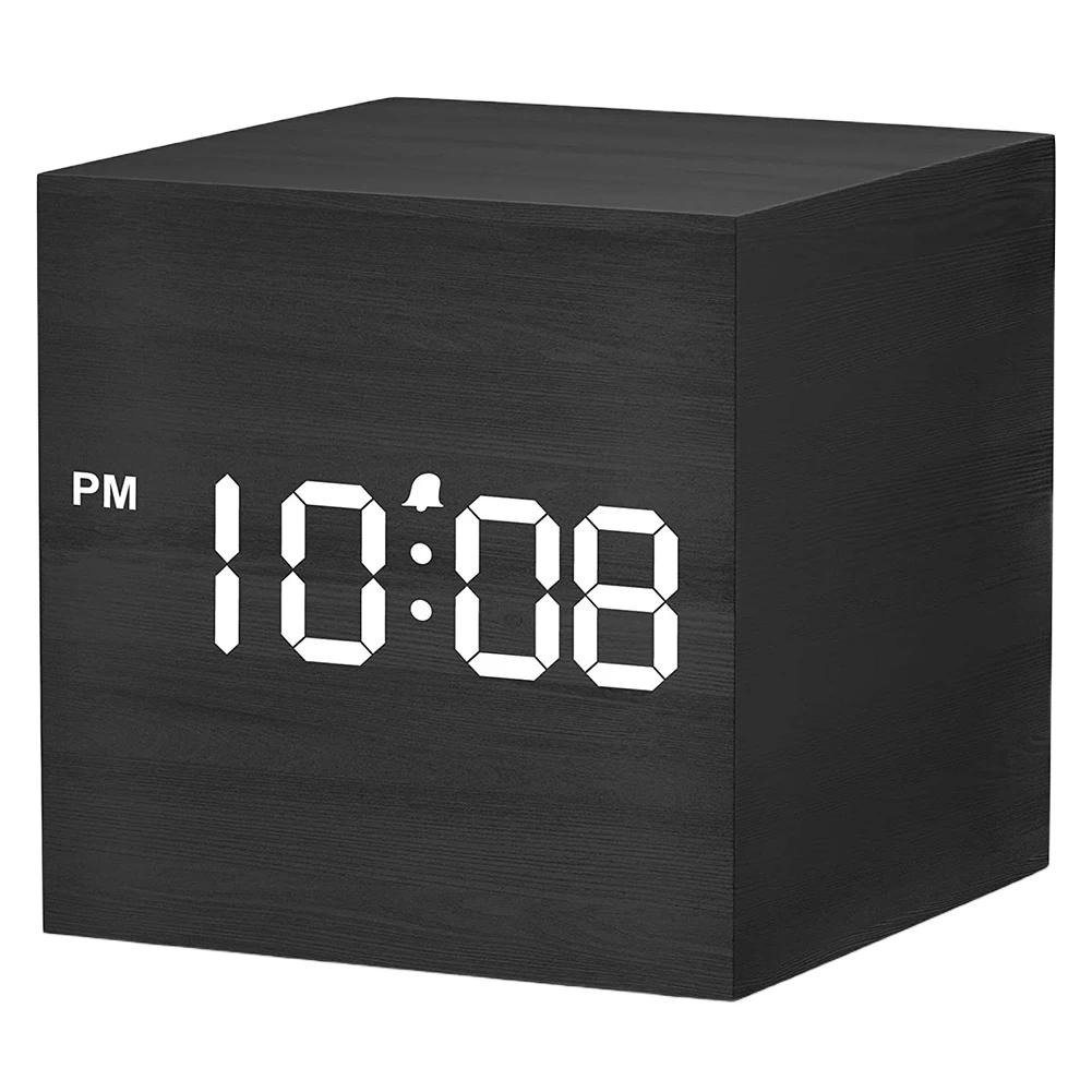 Wooden Digital Alarm Clock with Temperature LED Clock Art Ornament USB/Battery Powered Bedroom Table Clock for Office Room Decor