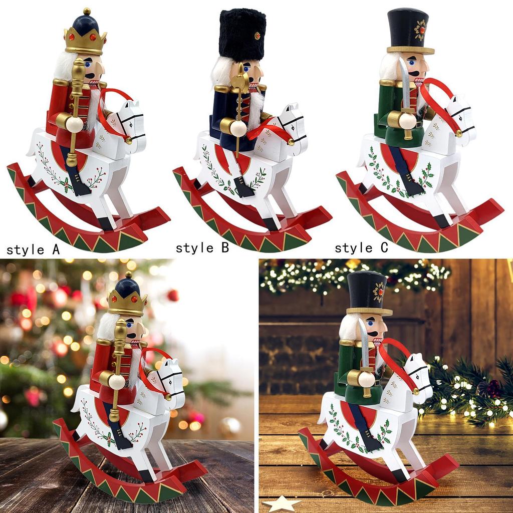 Traditional Wooden Nutcracker Ornament Christmas Decor Walnut Clip Decoration Wooden Rocking Horse Holiday Scene Layout Home