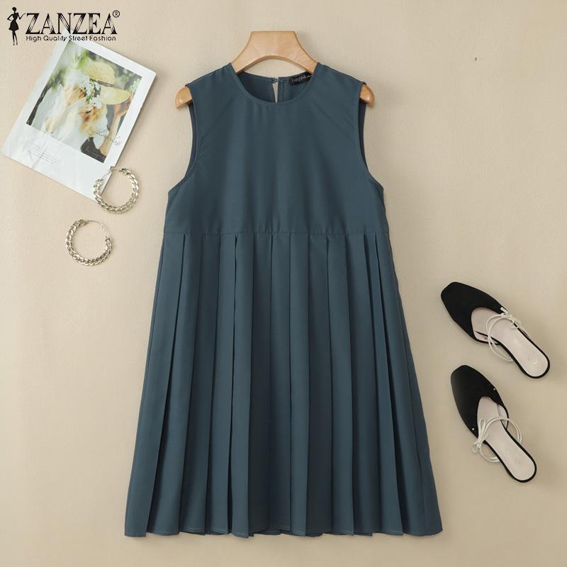 ZANZEA Damska letnia sukienka bez rękawów z okrągłym dekoltem, gładka, luźna