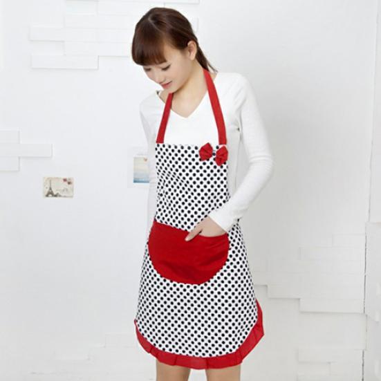 Women Cute BowKnot Dot Aprons Kitchen Restaurant Cafe Bib Cooking With Pocket