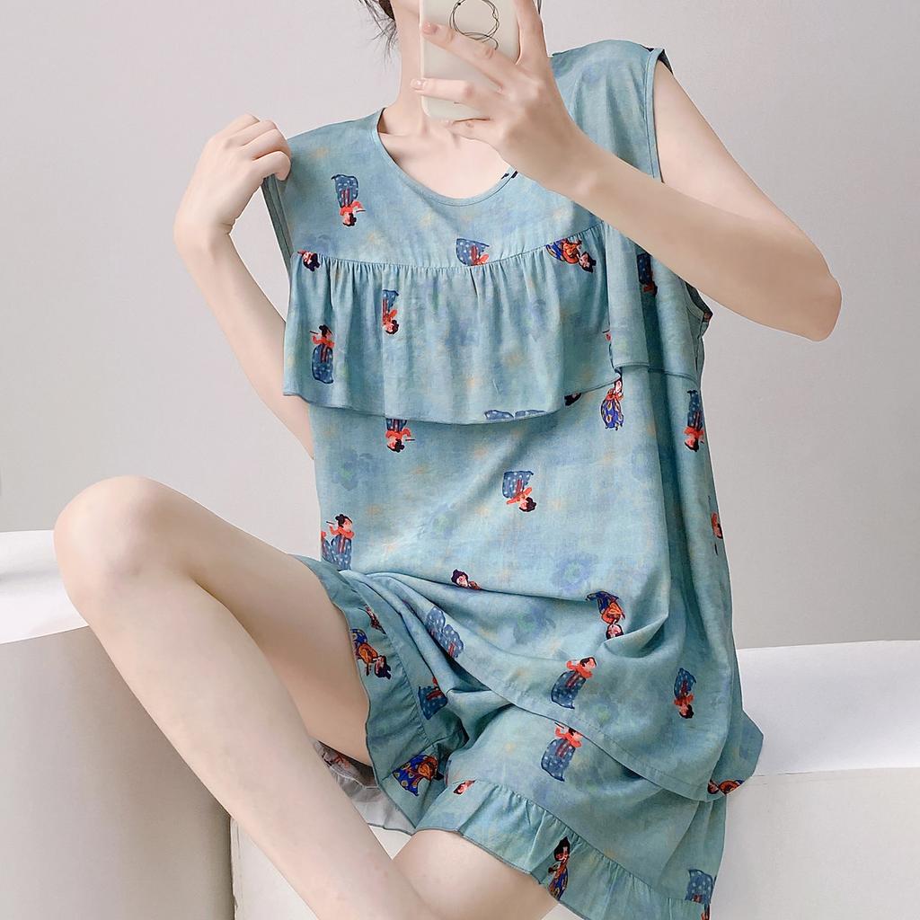 Anti-bumping Pajamas Women's Summer Vest Shorts Set Cotton and Silk Loungewear Can Be Worn Outside Loose Large Size Sweet and Cute