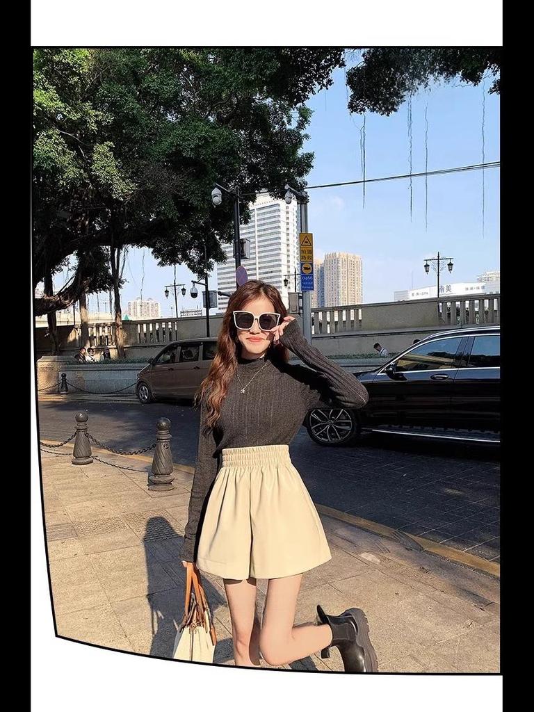 2023 Herbst/Winter Damen High-Waist PU-Leder A-Linien Shorts: Modisch, Locker sitzend, Weitbeiniger koreanischer Stil