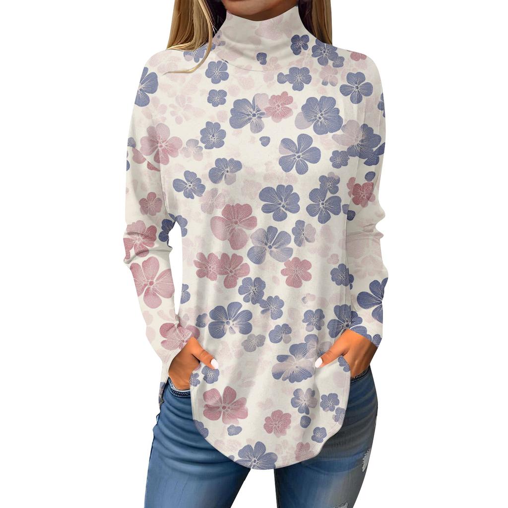 Tee Shirts For Women Fall Casual Long Sleeve Shirts Sweatshirt Vintage Printed High Neck Top Pullover