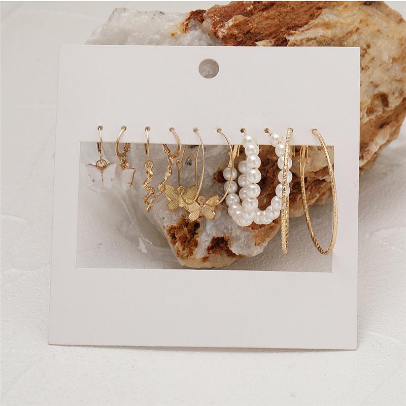 Bohemian Fashion Acrylic Leopard Round Circle Hoop Earrings Set For Women Gold Color Butterfly Pearls Drop Earrings Set Jewelry