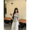Women Striped One Shoulder Short Sleeve Slim Fit Casual T Shirt Top