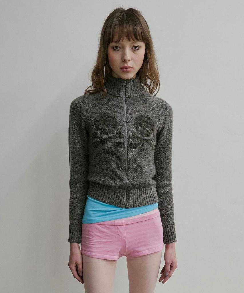 SCULPTOR Skull Zip-Up Sweater Melange Gray