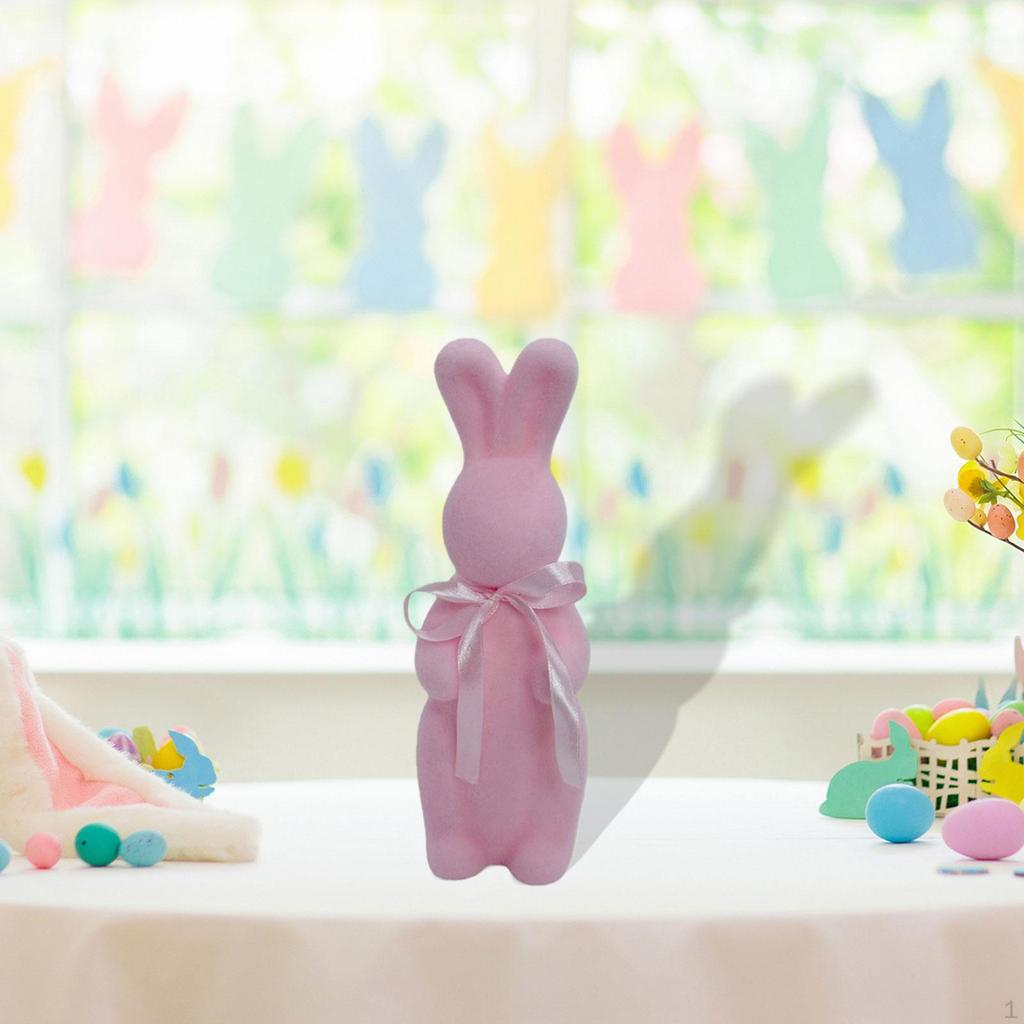Flocked Easter Bunny Figurine Statue Sculpture with Bowknot for Indoor Desktop