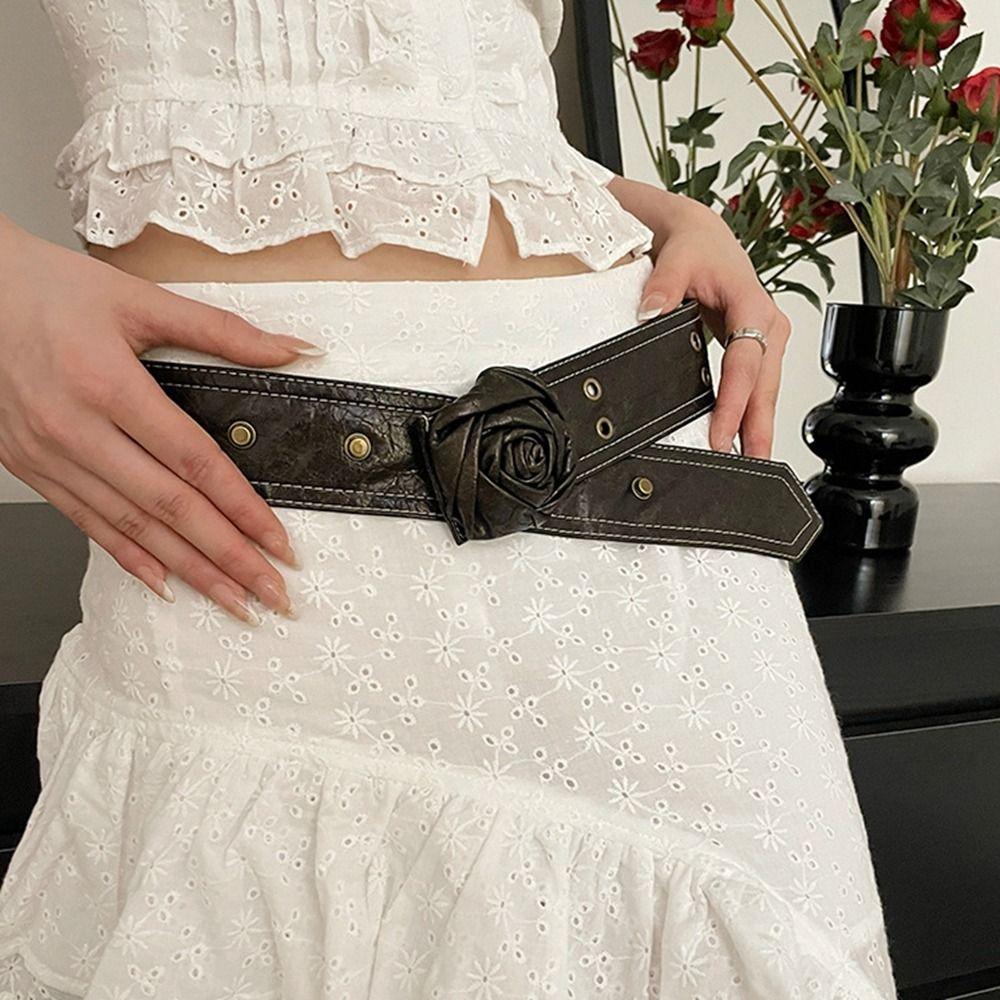 

Retro Flower Belt Y2k Pu Waistband Trendy Rose Belt Daily темно-коричневого