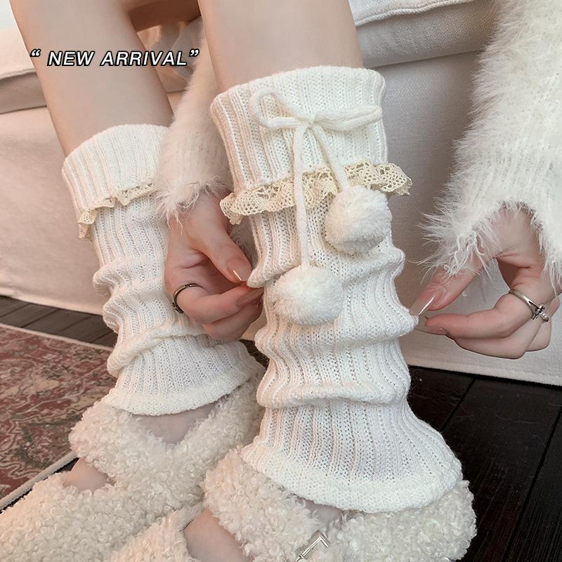 Boots Still Cotton Socks Cover Flanging Ball Bow Stacking Socks Lolita Girl Lace Coffee Calf Cover