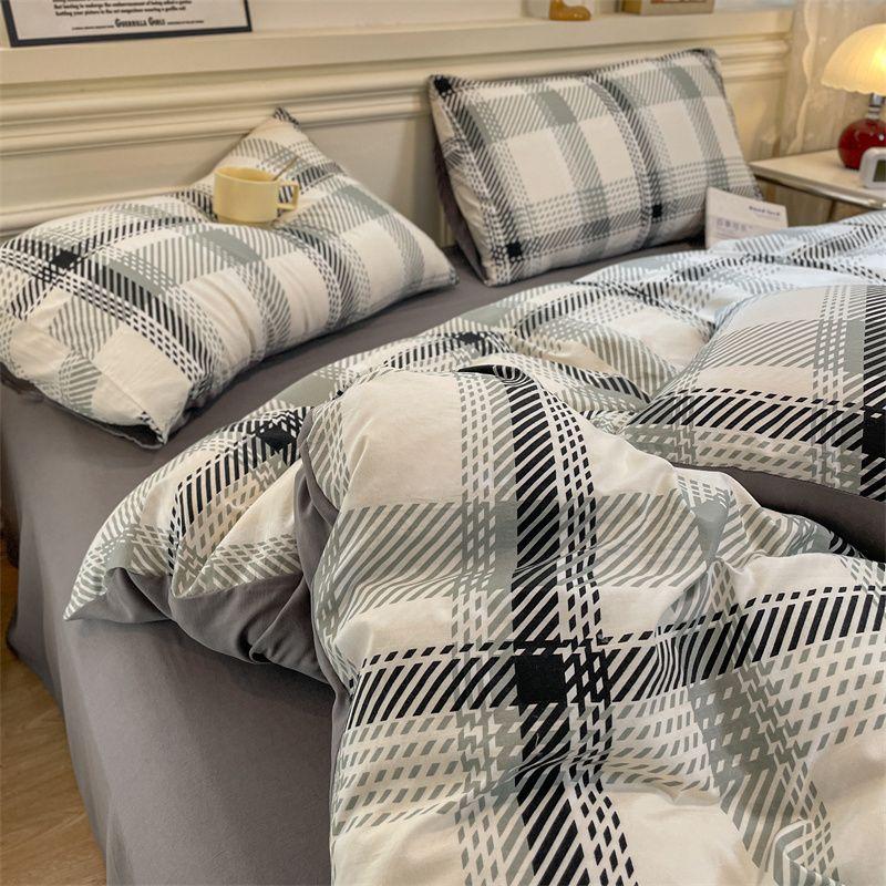 

Bedding Boys Cotton Stripes Gingham Quilt Cover Four-Piece Set Nantong Home Textile Pure Cotton Dormitory Bed Sheet Three-Piece Set Single quilt cover [1.5*2.0m]] Grace + Medium Grey