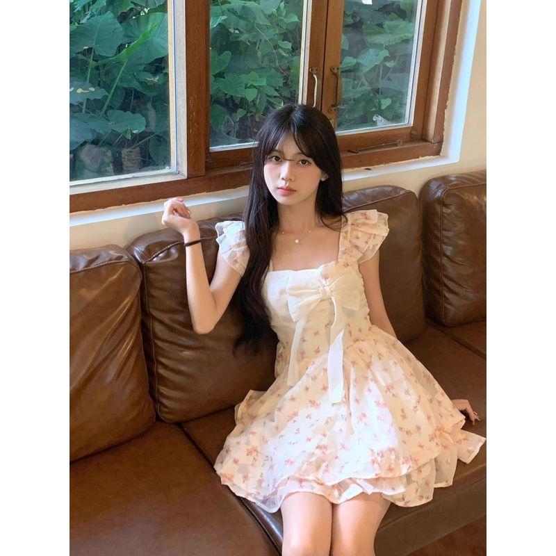 

Vigorous Young Adult Tea Short Skirt for Women 2025 Summer Small Flounced Sleeve Puffy Bows Pink Floral Dress Flower Shadow Roaming S