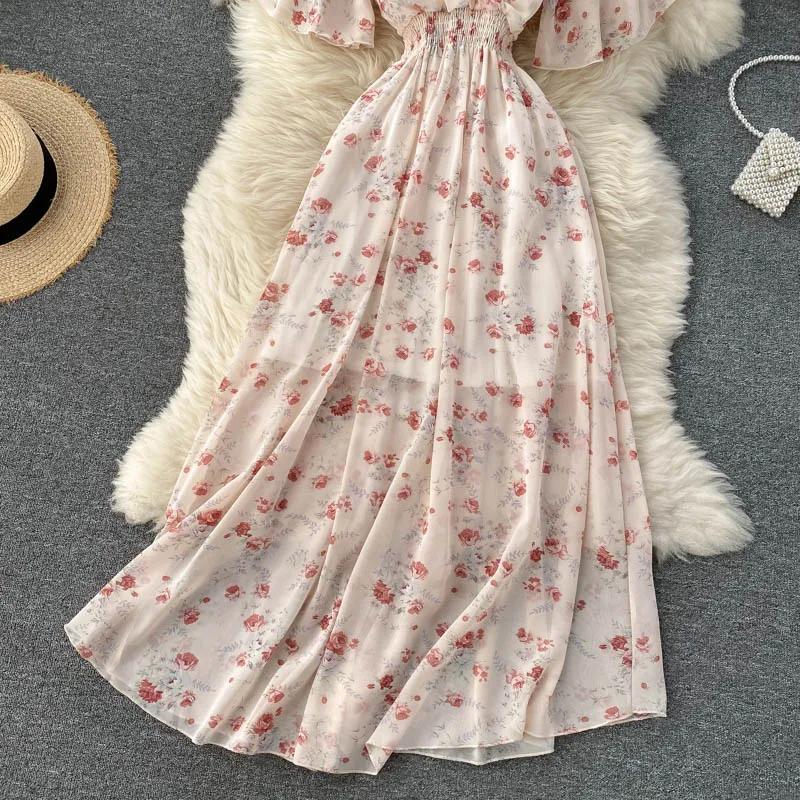 Ladies Beach Vacation Dress Summer Sexy V-Neck Waist Long Chiffon Floral Beach Dresses