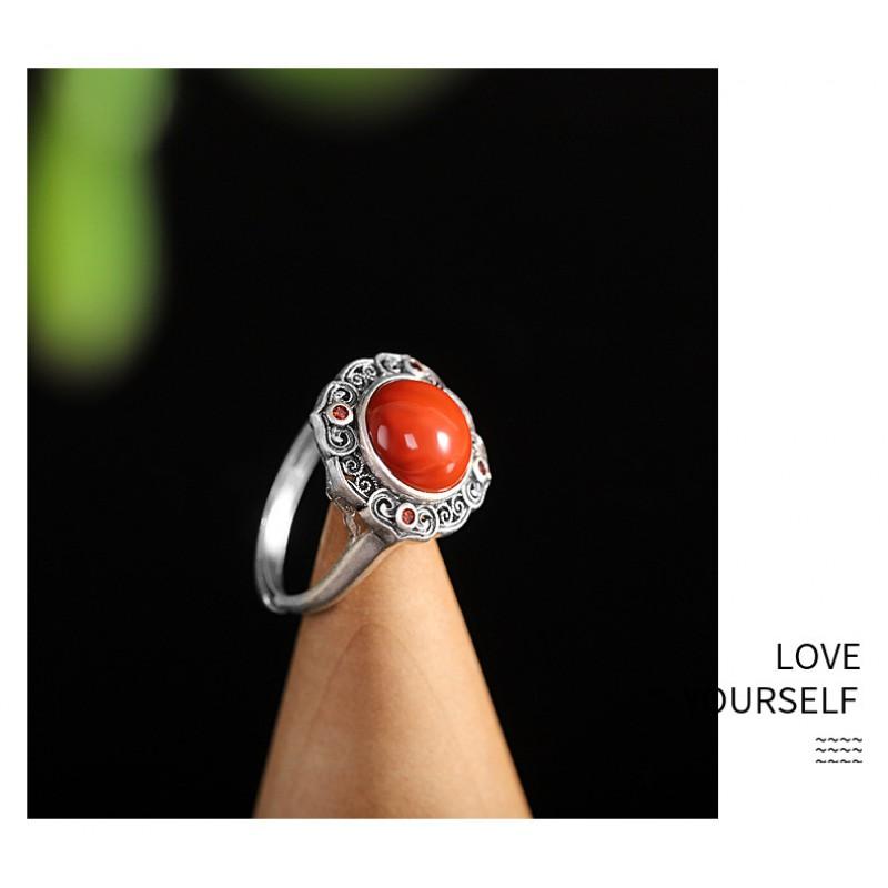 Adjustable Open Ring Men Women Vintage Bohemian Style With Hollow Geometric Plated Red Agate Stone