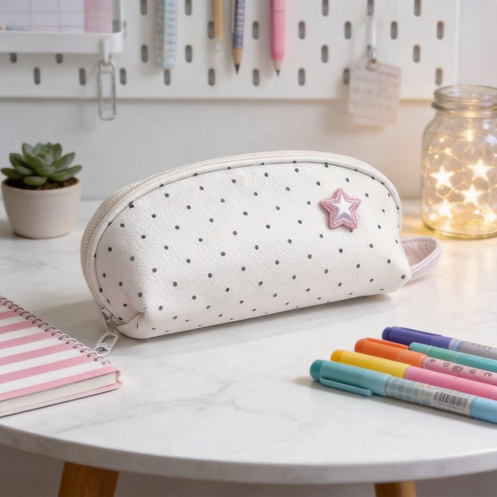 Polka Dot Shell Pencil Case Made Of Polyester For Girls And Office Supplies Storage