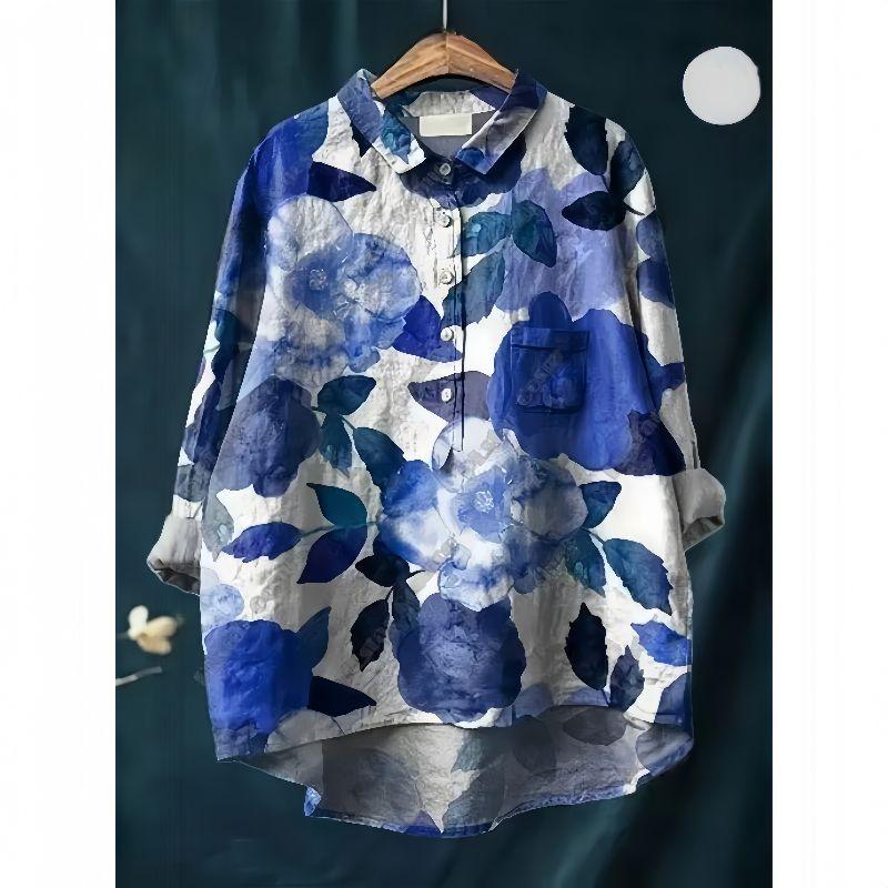 European Plus Size Women Clothing Retro Hong Kong Style Spring and Autumn New Breasted Print Loose Mid-Length Casual Long Sleeve Shirts Top