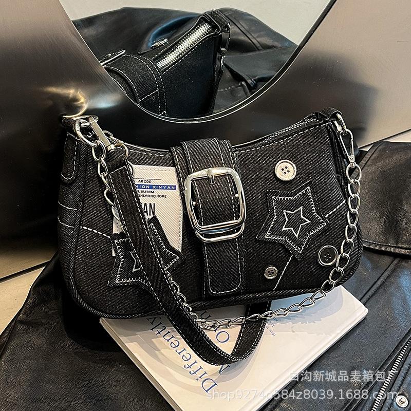 2025 New Vintage American Trend Star Shoulder Underarm Bag Fashion Denim Chain Bag Canvas Crescent Bag