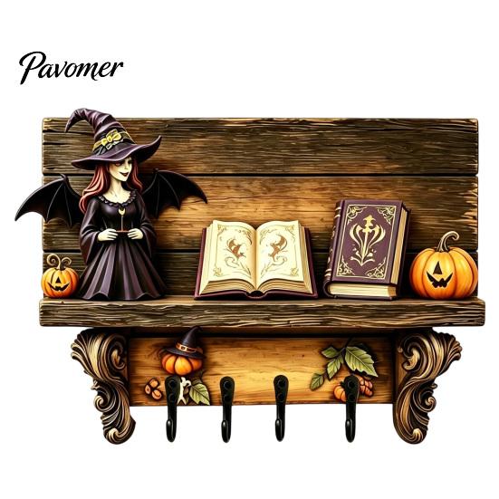 Halloween Themed Wall Art Key Holder, Wooden Lady Ghost Holder with 4 Hooks, Decorative for Mounted Spooky Rack Organizer Entryway Hallway Home Decor