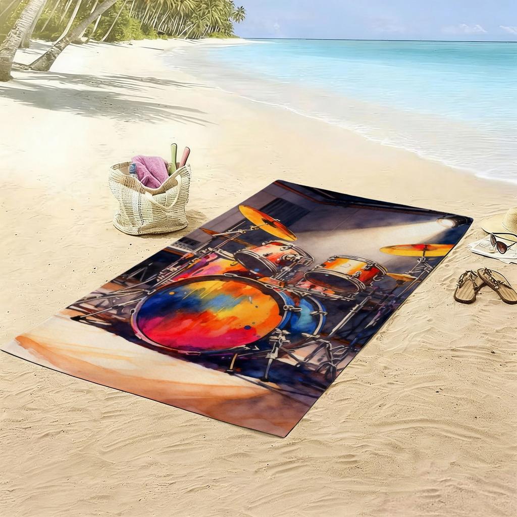 Buntes Schlagzeug Strandtuch, Aquarell-Schlagzeug-Druck Übergröße Badetuch, Weiche Schnelltrocknende Musik-Themen Stranddecke
