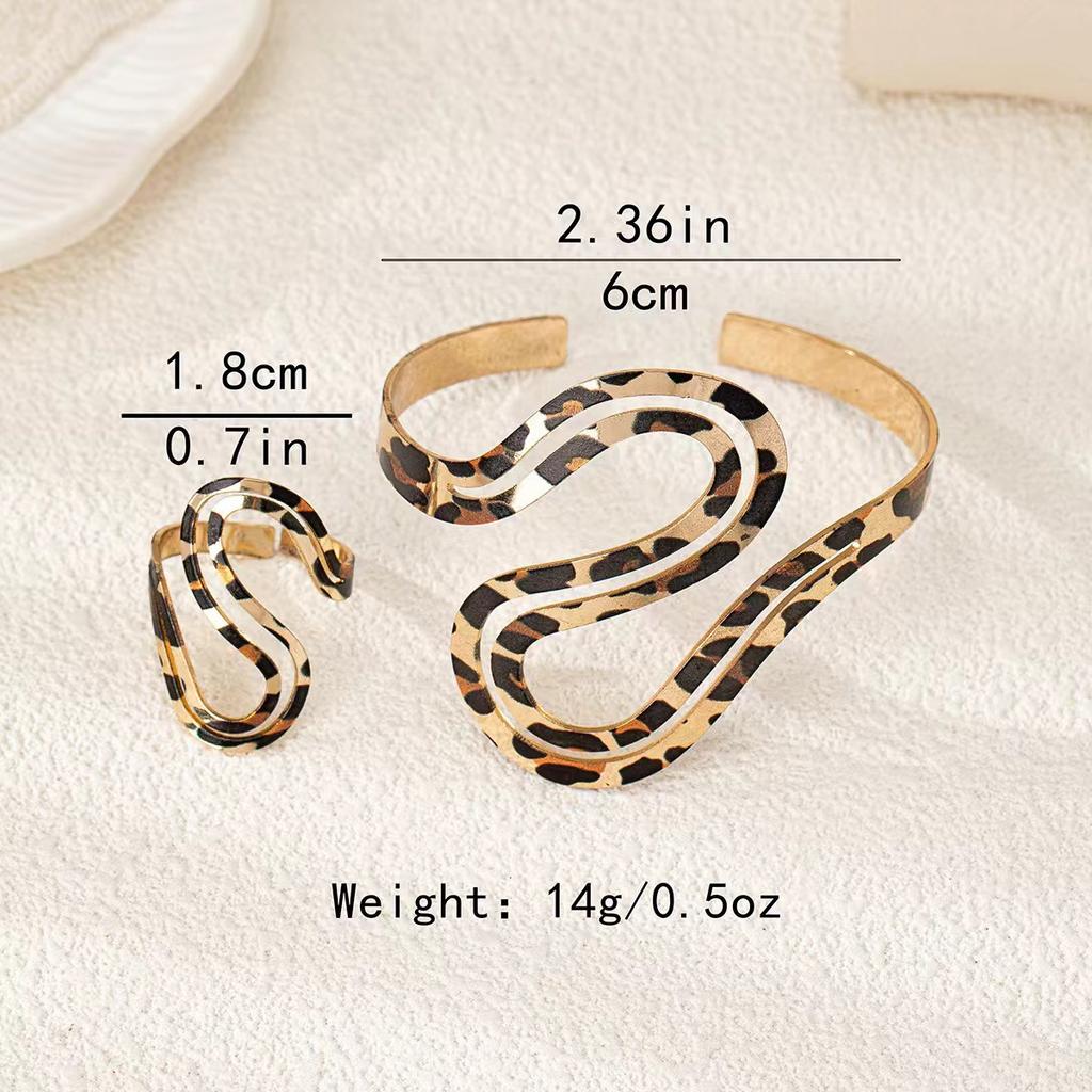 Double S Shape Leopard Print Hollow Shape Bracelet Ring Set Summer Snake Shape Opening Adjustment