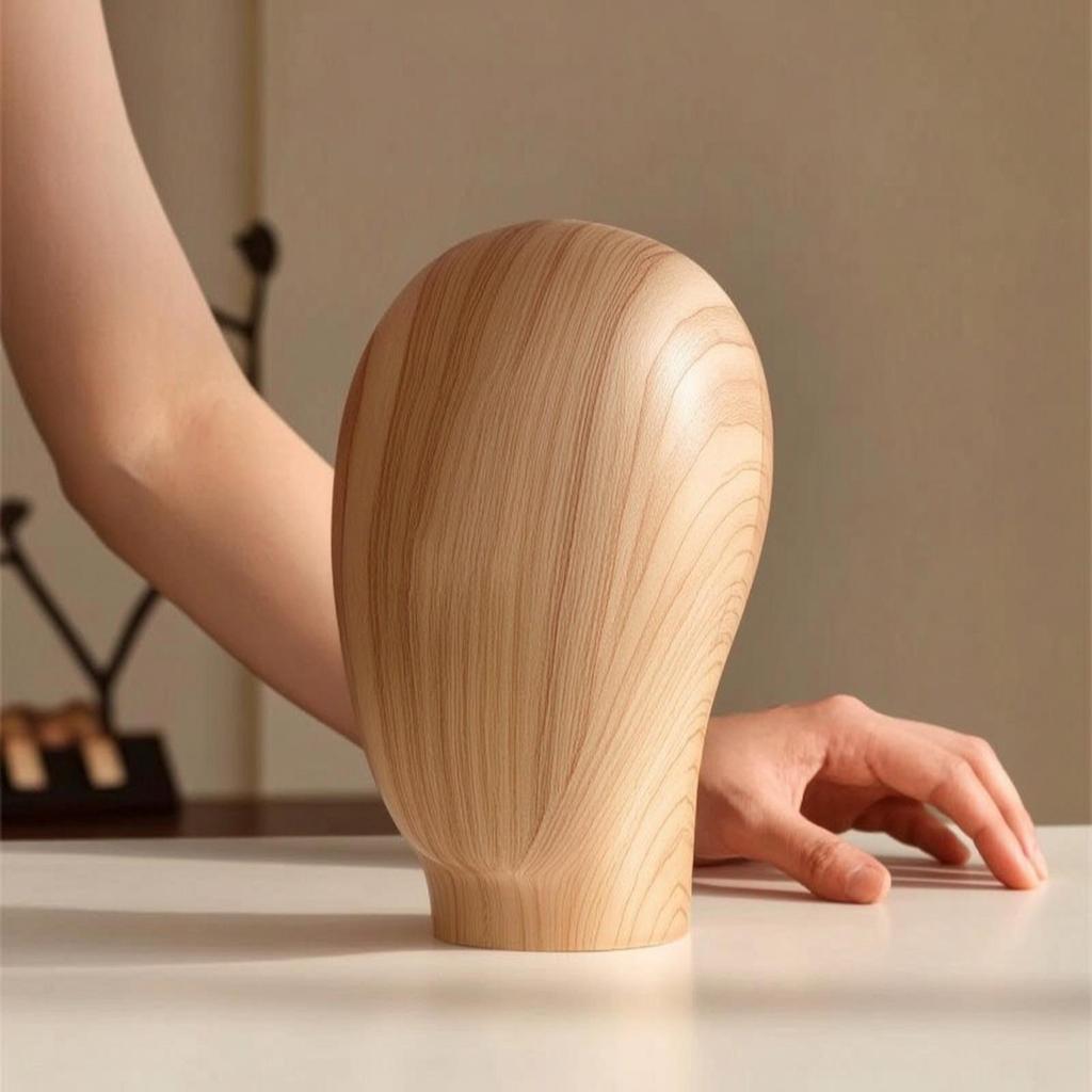 Testa di Manichino con Base Stand Finitura Legno Leggera per Rivenditori