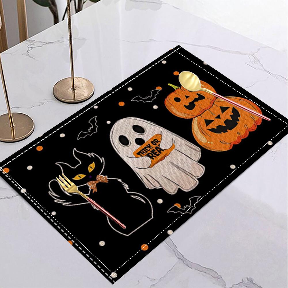 Halloween Fall Autumn Linen Placemat Table Coffee Mat Orange Brown Gnome Pumpkin Maple Leaf Plaid Harvest Happy Decorative