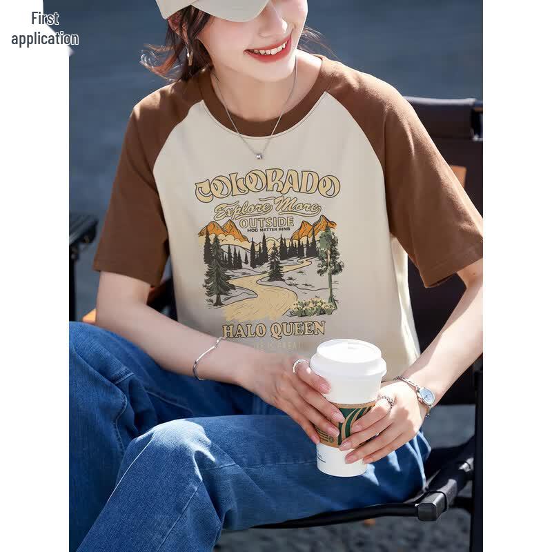 Women's Color Block Raglan Sleeve Printed T-Shirt