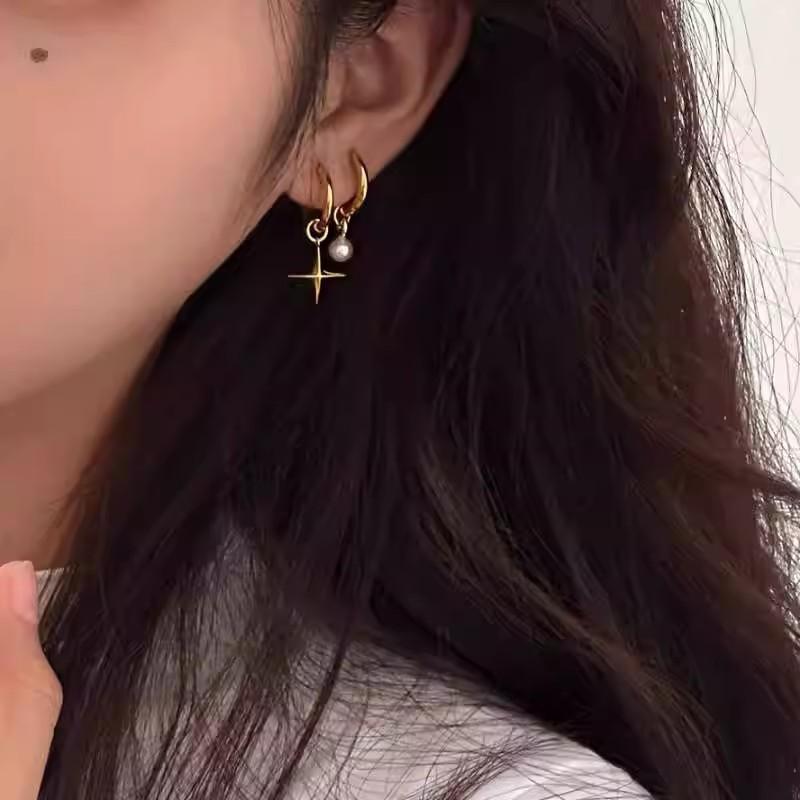 ANENJERY Geometric Star Simulated-pearl Pendant Earrings for Women Sweet Cool High-end Fashionable Asymmetrical New Trend Earrings Jewelry Gifts