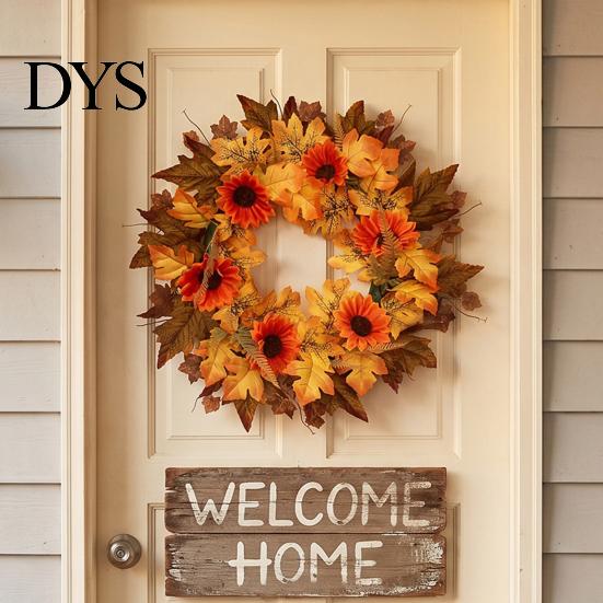 All Season Floral Decor Fall Sunflower Maple Leaf Wreath with Pumpkin Pinecone, Thanksgiving Harvest Artificial Wall Hanging Ornament Wreath,