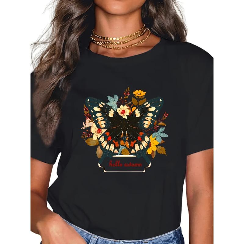 

European Size Butterfly HELLO AUTUMN Home, Leisure, Fashion, Versatile, Commuting, S, Versatile, Comfortable S Heavyweight Pure T-shirt 4XL