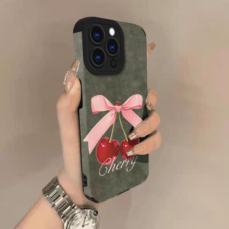 Cherries Lambskin Leather Phone Case For iPhone 17 Pro Max Air 16 15 14 13 12 11 Pro Max Plus X XS MAX XR Hard Back Cover
