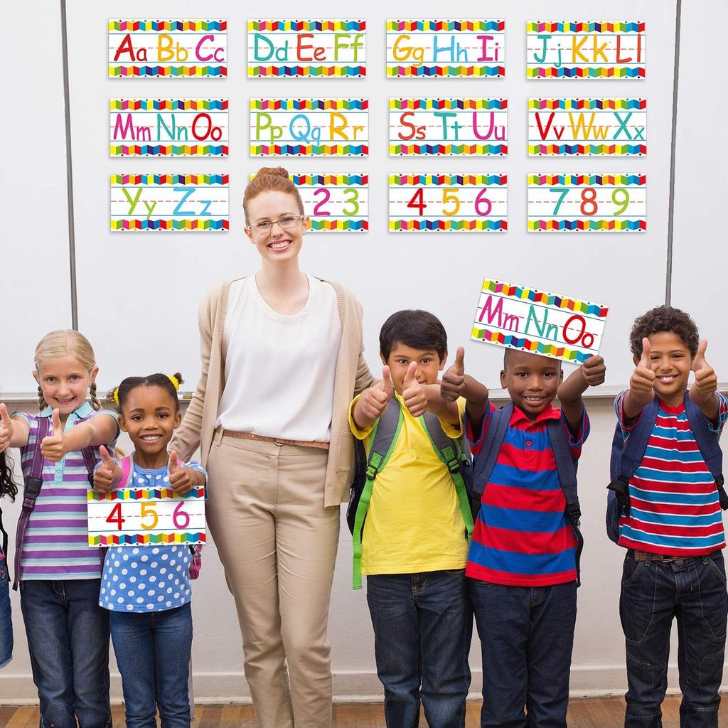 Outus 12 Pcs Alphabet Bulletin Board Strips Set Alphabet Line ABC Banner Number Line Border Posters for Classroom Wall Including Adhesive Dots for