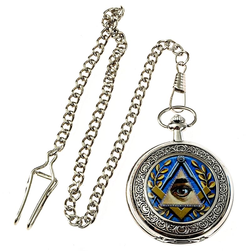 

All Seeing Eye freemason pocket watch silver & blue 2 inch diameter