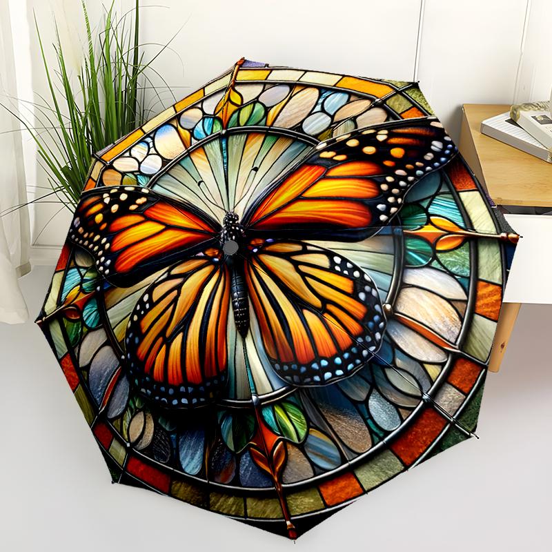 1pc Ladybugs, Butterflies Pattern Umbrella Portable Folding Umbrella Iron Frame Hole Bone Structure Outdoor Home Umbrella