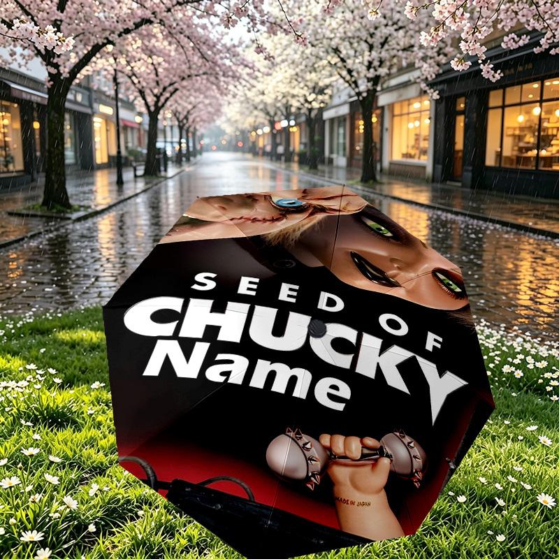 Custom Name Personalized Bride of Chucky Print Umbrella, Auto Open Close, 8‑Rib Sturdy Frame, Commute Camping Hiking Use, Birthday Gift