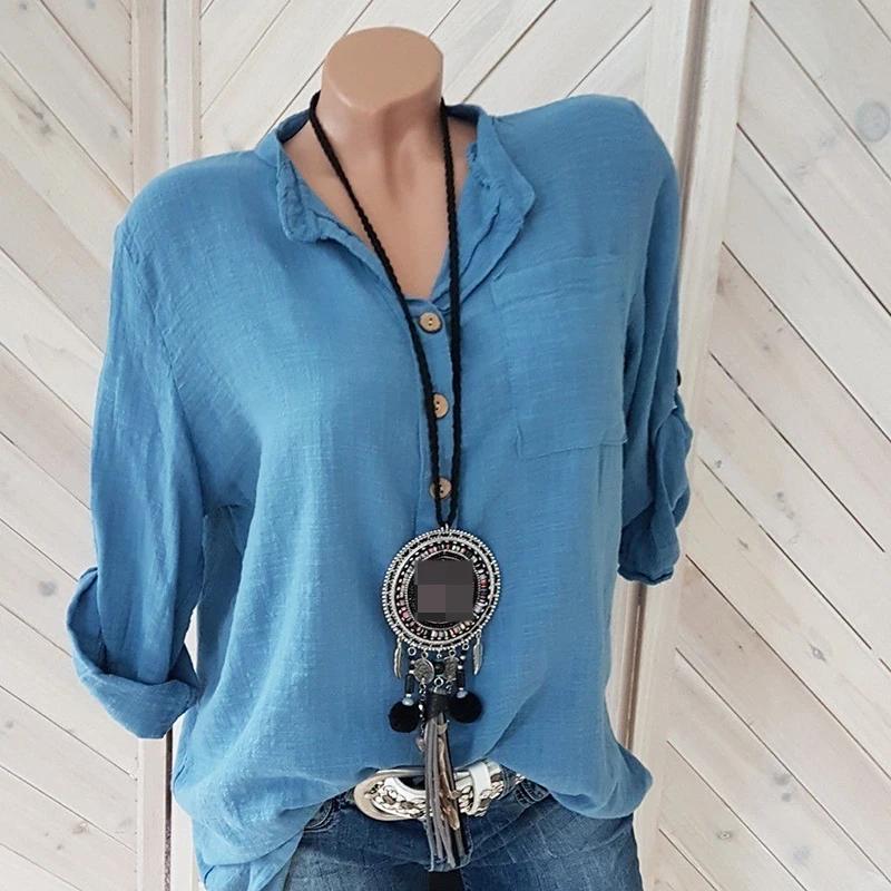 Women's Blouses Cotton Linen Blouse Spring Summer Shirts Casual Long Sleeve Button V-Neck Loose Shirt Lady Tops T-Shirts