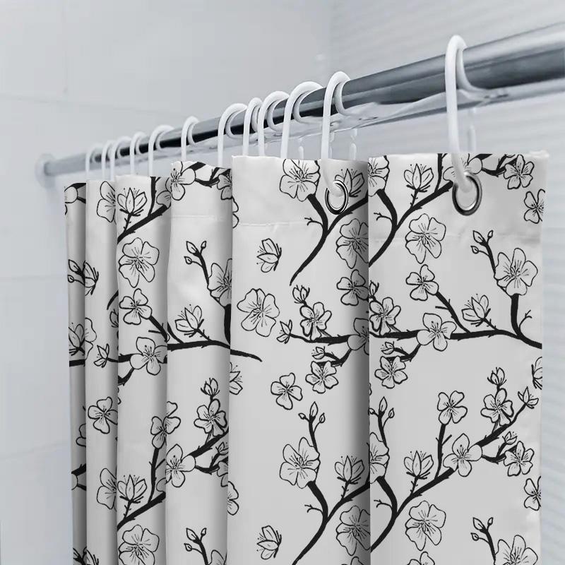 Tenda da Doccia Floreale Modello Botanico Bianco Nero Arredo Bagno Rivestimento Impermeabile Stile Rustico Fattoria Natura Appeso Artistico a Parete