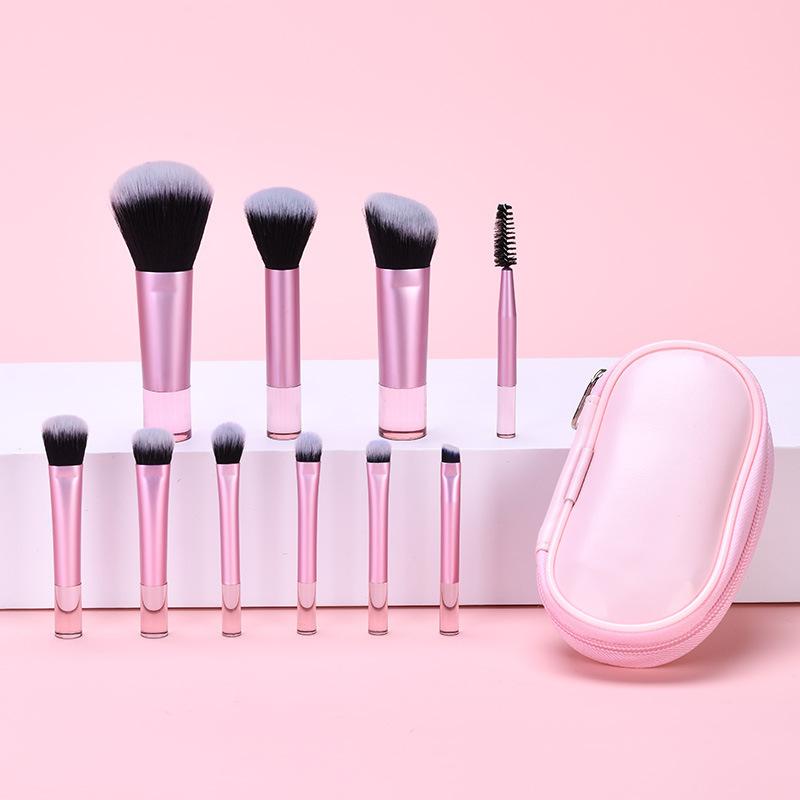 Makeup Brush Set 10 Piece Essential Travel Makeup Kit Face Synthetic Hair Brushes with Transparent Crystal Handle