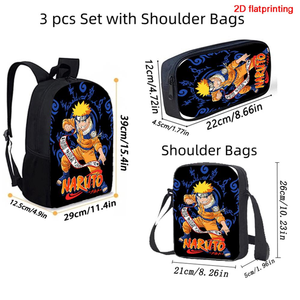 3Pcs Set NARUTO Anime Kids Backpack Mochila with Crossbody Bag & Pencil Case, Lightweight & Durable, for Ages 6-10 Boys & Girls