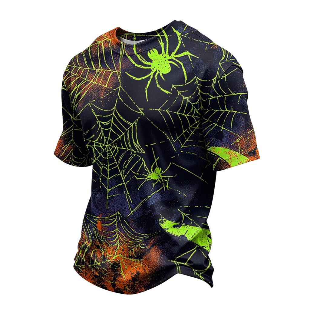 Men Casual Crew Neck Lightweight Breathable Short Sleeve T Shirt with Halloween Web Print for Daily Wear